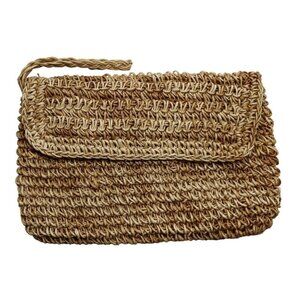 Straw Linen Canvas Lined Clutch Flap Snap Closure Wrist Handle